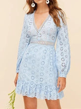 Load image into Gallery viewer, Boho Plunging Neck Lace Insert Embroidered Eyelet Mini Dress