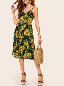 Sling High Waist Button Up Sunflower Print Midi Dress