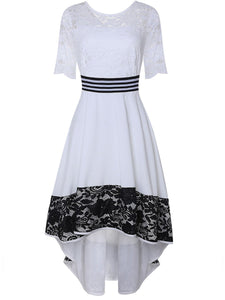 White Mid-Sleeve Waist Irregular Lace Hem Dress