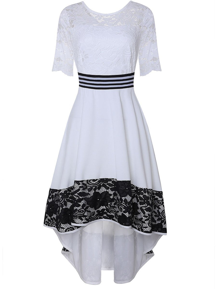 White Mid-Sleeve Waist Irregular Lace Hem Dress