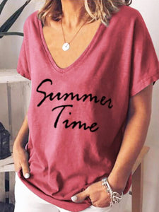 Letter Short Sleeve V-Neck Casual Top