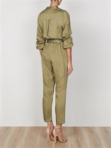 Simple Solid Color Collar Pocket Jumpsuits