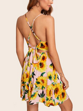 Load image into Gallery viewer, Backless Tie Back Slip Sunflower Print Button Mini Dress