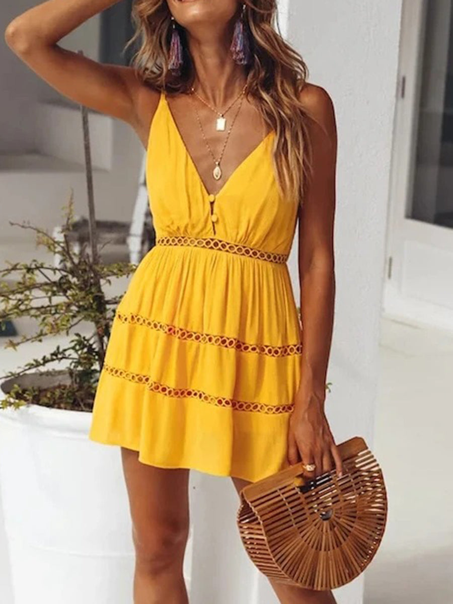 Solid Dress Spaghetti Strap V Neck Mini Dress