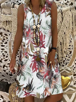 Leaf Print Sleeveless V-Neck Dress