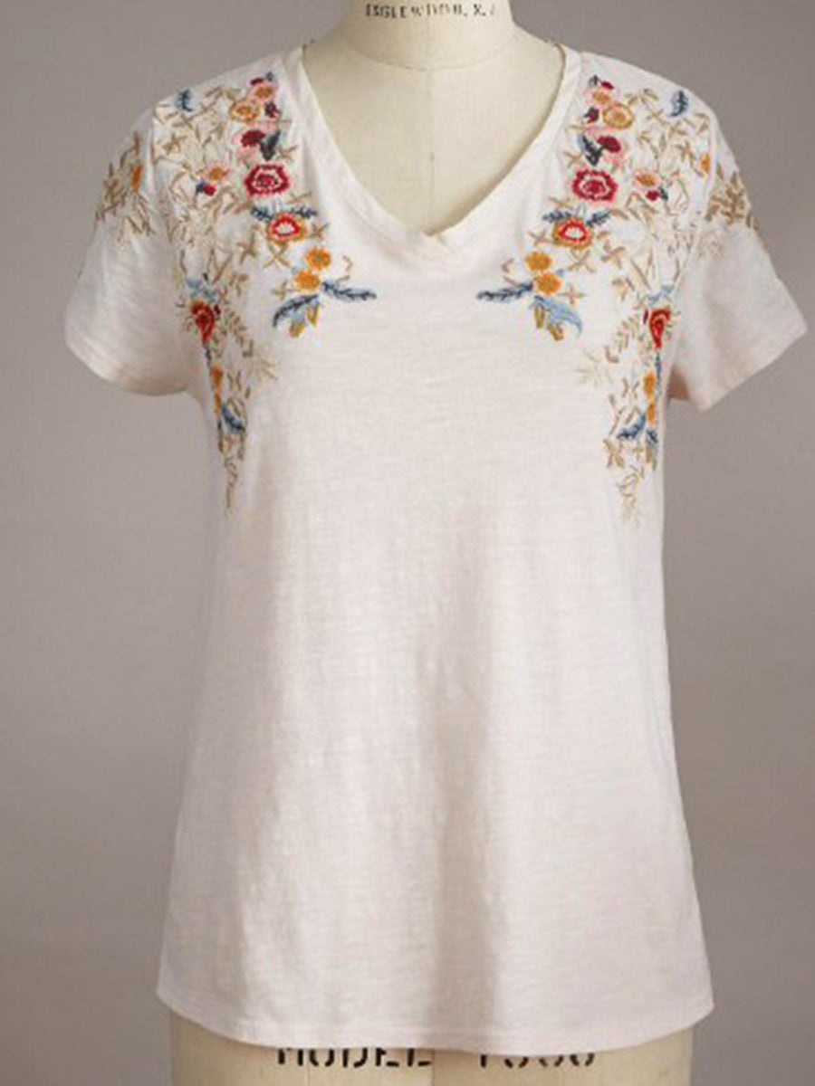 Cotton-Blend Crew Neck Casual Plain T-shirts