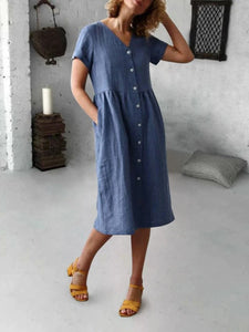 Cotton and Linen Casual Button Dress