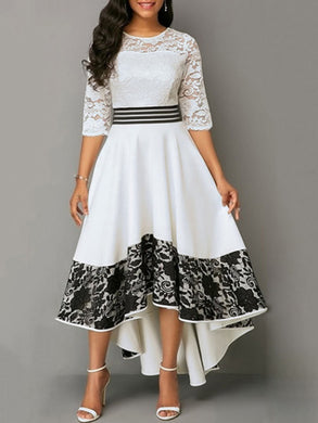 White Mid-Sleeve Waist Irregular Lace Hem Dress