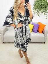 Load image into Gallery viewer, V-neck Flared Sleeve Positioning Print Fit Midi Dress