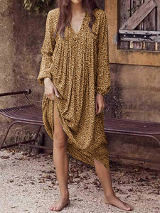 V-neck Leopard Print Casual Long Sleeve Dress