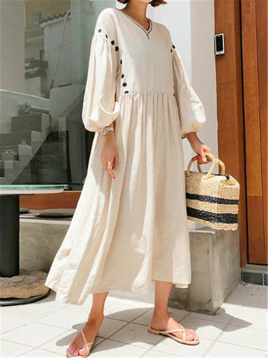 Literary Style Neck Polka Dot Loose Maxi Dresses