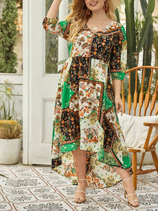 Plus Size V-Neck Floral Scarf Print Dip Hem Maxi Dress