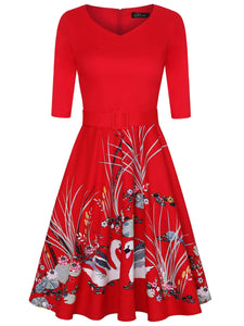 V-Neck Print Retro Large-Sleeve Temperament Dress