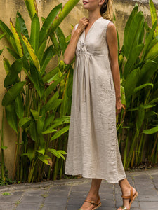 Women Linen Dress Casual V-neck Sleeveless Maxi Dress