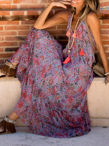 V-neck Sleeveless Loose Floral Printed Boho Maxi Dress