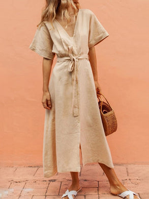 V-Neck Belt Cotton and Linen Comfort Casual Dress