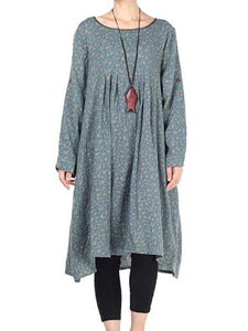 Small Print Large Size Long Sleeved Pocket Dress