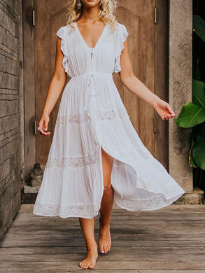 V-neck Boho Fringed  Midi Dress  Sleeveless Lace Dress