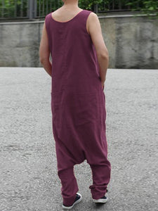 Sleeveless Solid Color Button Long Jumpsuit Overalls