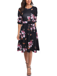 Summer Round Neck Print Retro Temperament Waist Dress