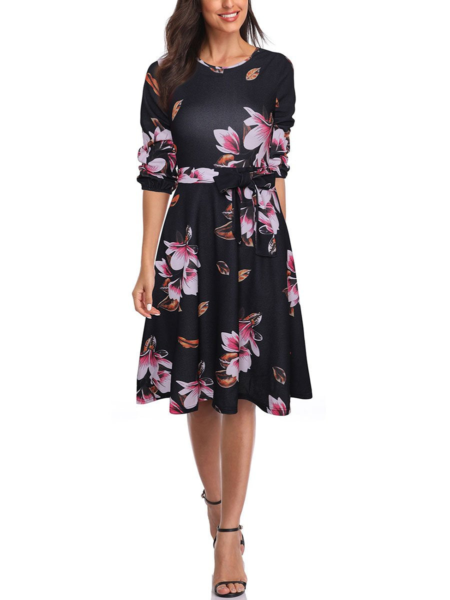 Summer Round Neck Print Retro Temperament Waist Dress