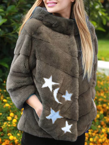 Star Printed Faux Fur Long Sleeve Pockets Outerwear