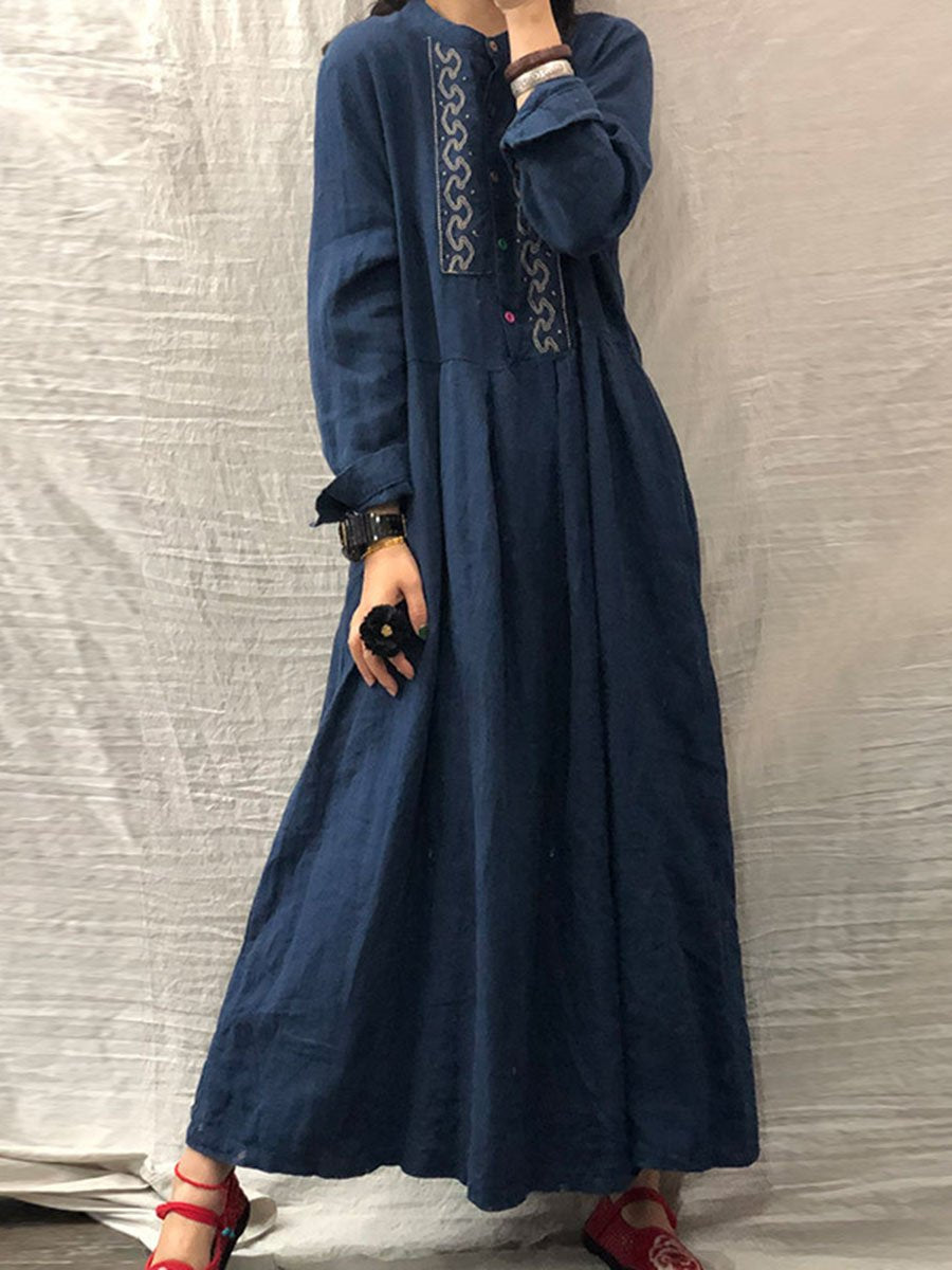 Vintage Wind Long Sleeve Cotton and Linen Loose Dress