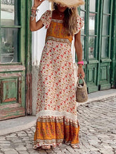 Load image into Gallery viewer, Bohemian Printed Square Ruffle Short Sleeve Panel Maxi Dresses