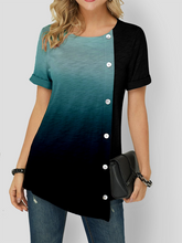 Load image into Gallery viewer, Color Gradient Asymmetric Hem Button Detail Short Sleeve T-Shirts