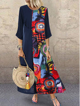 Load image into Gallery viewer, Stitched Printed Cotton and Linen Round Neck Long Sleeve Dress