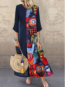 Stitched Printed Cotton and Linen Round Neck Long Sleeve Dress