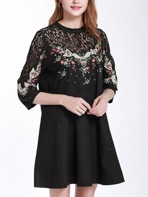 Heavy Embroidery Lace Stitching Slim Slimming Seven-point Sleeve Bottom SkirtV