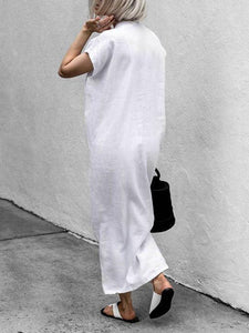 White Lace-Up V-Neck Simple Linen Dress