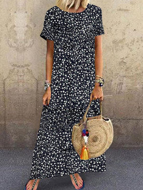 Vintage Casual Loose Short Sleeve Print Long Dress