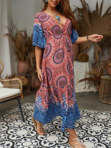 Printed Drawstring Waist V-Neck Maxi Dresses