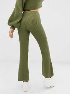 Fashion Casual Loose Lantern Sleeve Top Flare Pants Knitted Suit