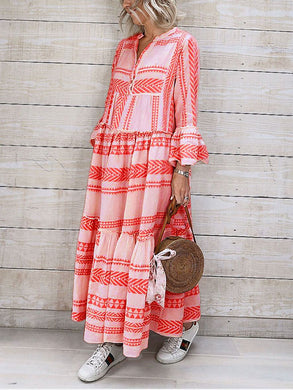 Bohemian Fashion Loose V-Neck Button Casual Dress