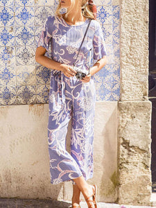 Round Neck loose Belt Printed Elegant Jumpsuit