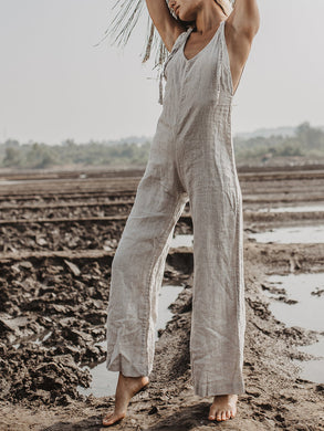 Women Boho Grey Linen Jumpsuit Romper Comfy Sleeveless Jumpsuit