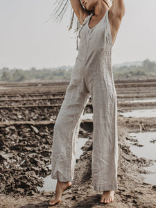 Women Boho Grey Linen Jumpsuit Romper Comfy Sleeveless Jumpsuit