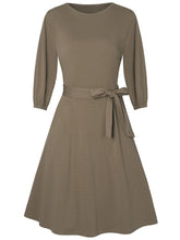 Load image into Gallery viewer, Round Neck Solid Color Waist Long Sleeve Dress with Belt