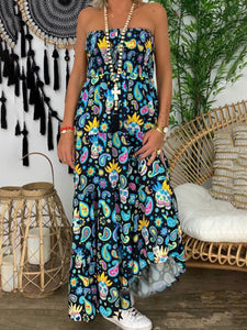 Printing Tube Top Cotton-Blend Sleeveless Floral Maxi Dress