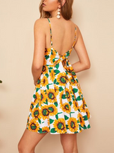 Load image into Gallery viewer, Knot Back Sunflower Print Sexy Cami High Waist Mini Dress