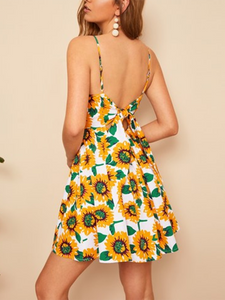 Knot Back Sunflower Print Sexy Cami High Waist Mini Dress