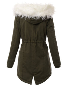 Army Green Drawstring Hooded Plus Velvet Jacket