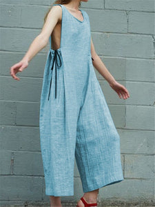 Solid Color Cotton Linen Sleeveless Wide Leg Jumpsuits