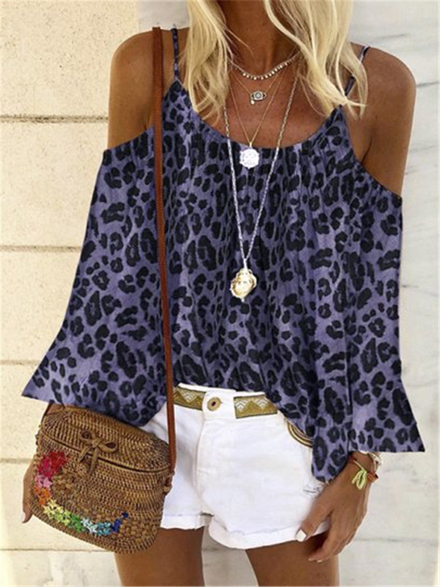 Casual Round Neck Off Shoulder Leopard Print T-Shirts