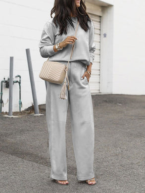 Solid Color Casual Round Neck Basic Two-piece Suit