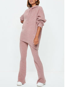 Long Sleeve Hooded Knit Solid Two-piece Suit