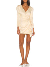 Load image into Gallery viewer, Long-sleeved V-neck Design Satin Ruffled Dress